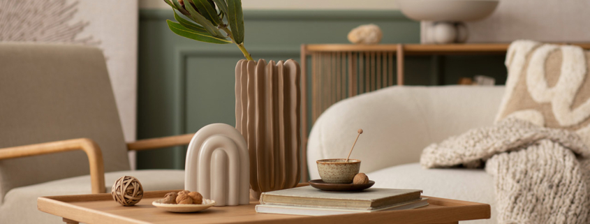 living room with boucle sofa, wooden coffee table, books, stylish sculpture, vase with leaves and personal accessories